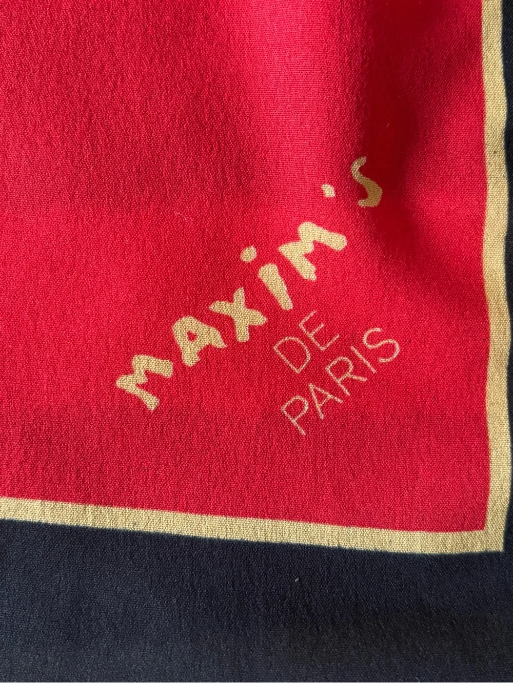 Maxim’s‎ De Paris Vintage Graphic Silk Scarf in Black, Gold & Red 34” square
